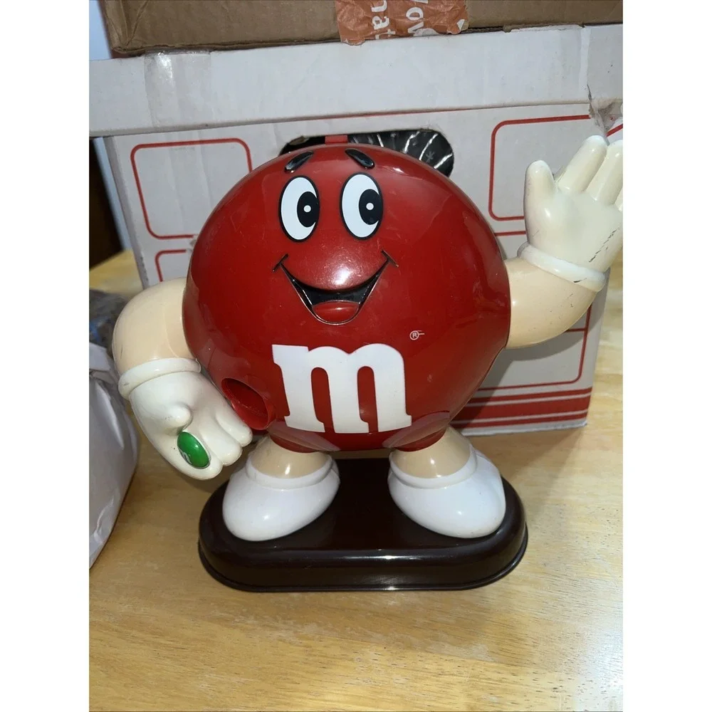 Vintage 1991 Standing Plain Red M&M Candy Dispenser Pull Hand Lever Works Great!